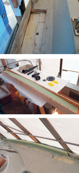 Steve removed the inner bulwark skin and rotten deck core in sections, at top, and rebuilt the bulwark piece by piece out of fiberglass cloth and epoxy resin in specially built molds, center. A section of the new bulwark is ready for installation, above.