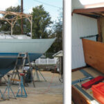 Levity is a Nicholson 35, a much admired design, far left on facing page. An awning over the deck frame provided shade in summer. The repair entailed the removal of interior paneling and cabinetry, center.