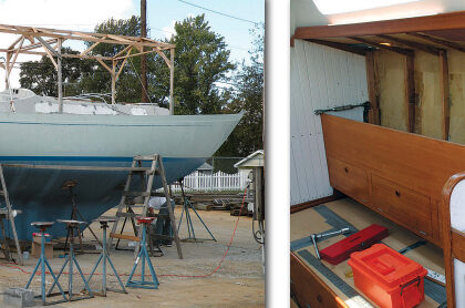 Levity is a Nicholson 35, a much admired design, far left on facing page. An awning over the deck frame provided shade in summer. The repair entailed the removal of interior paneling and cabinetry, center.