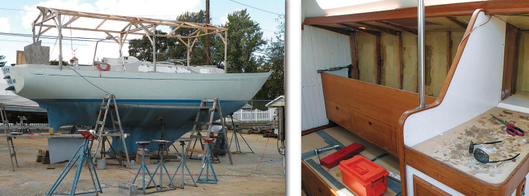 Levity is a Nicholson 35, a much admired design, far left on facing page. An awning over the deck frame provided shade in summer. The repair entailed the removal of interior paneling and cabinetry, center.