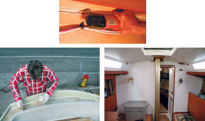 Where possible, Levity’s hull-to-deck joint was repaired from beneath. Where he could get to it, Steve removed failed adhesive from the hull flange with a Multimaster tool, at top. After replacing the bulwark and deck core at the stern, Steve applied a sealer coat of epoxy to the new core in preparation for fiberglassing, at left. Much of the paneling Steve had installed, at right, had to come out when the deck repairs began.