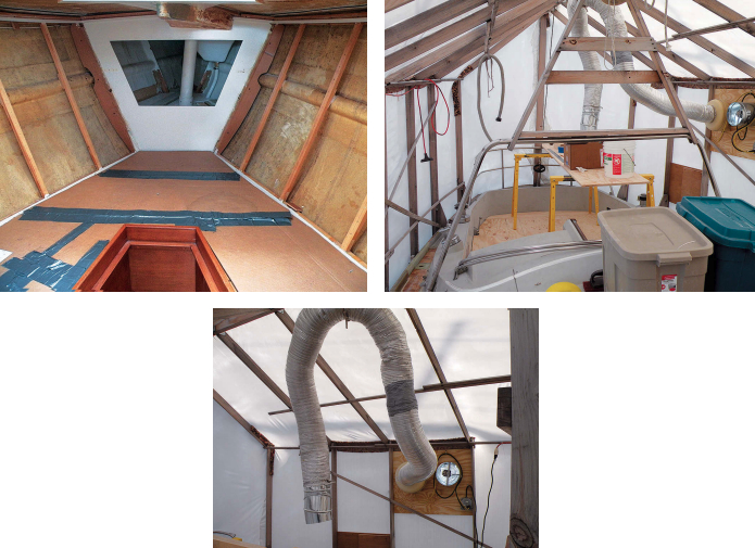 To gain access to the hull-to-deck joint in the V-berth, Steve had to remove the paneling from the hull sides and overhead, far left on facing page. Under Levity’s winter cover, Steve covered the cockpit with plywood to create a level workspace, at left. A prominent feature was the dust collection and ventilation system, with hose and exhaust fan mounted on a wood panel in the cover, lower picture. The dust collector is outside the work area on planks and not visible.