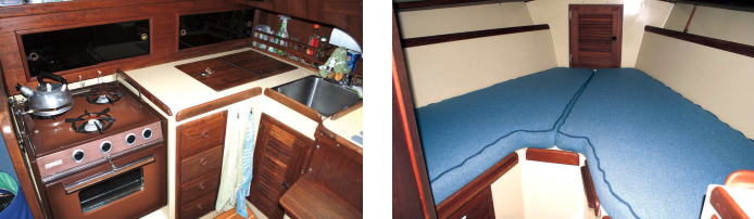 The L-shaped galley, at left, is of simple and practical design and large enough for a gimbaled stove/oven, icebox, sink, and some counter space. With the filler in place, the V-berth, at right, converts to a generous double. Shelves molded into the liner are trimmed with teak fiddles.