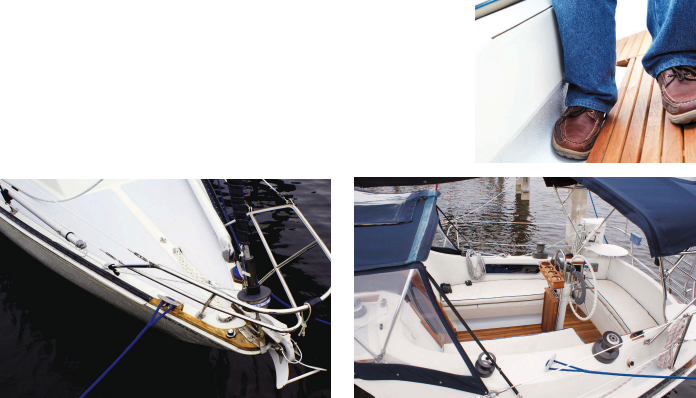The foredeck is relatively uncluttered, at left, with cleats, anchor roller, and navigation lights all mounted on a teak coaming. The T-shaped cockpit, at right, provides spacious seating, though the seats aren’t long enough to sleep on. The forward bulkhead is angled to make a comfortable backrest. A fillet where the cockpit footwell side meets the sole, upper right, provides level footing even when the boat is heeled.