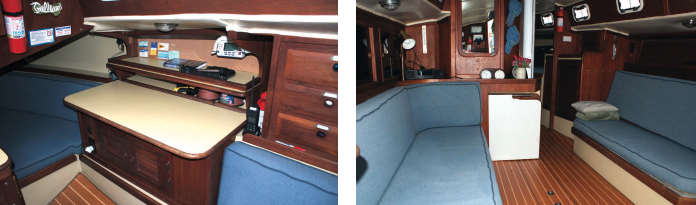 A storage box forward of the port quarter berth doubles as a nav station, at left. The saloon is open and airy, at right. Joe Artese’s use of curved features on furniture and trim is regarded as a breakthrough in sailboat interior design, as is his multi-position fold-away table.