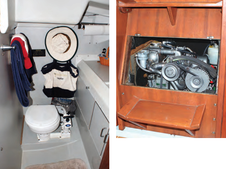 The head compartment on the O’Day 322 is quite generous for a boat of its size and is laid out to be usable when under way, at left. The engine is behind the companionway steps, above.