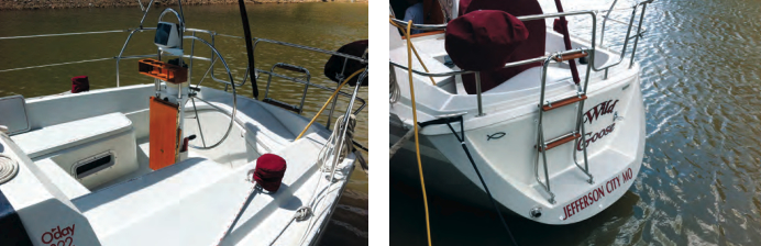 The sharply sculpted cockpit is comfortable, at left, and the T-configuration makes getting by the wheel less onerous, but the seats are not long enough for naps. The scoop transom, at right, with its offset gate and folding swim ladder, is a popular feature because it provides a safe and convenient way to board the boat.