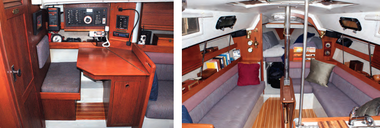 A dedicated navigation and “command” station is always appreciated, especially in a 32-foot boat, at left. The door at left is to the head. With the panel between the saloon and forward cabin (to starboard of the mast) swung open, the interior seems huge, at right. The open shelves outboard add to the sense of space.
