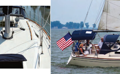 Don and Sheila Brown’s Pearson 34-2 sails like a, well, Banshee, top of page. The wide sidedecks benefit from inboard shrouds, above.