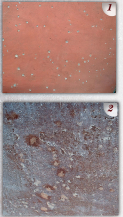 The boat was a 1979 Morgan 461 sloop that had spent nearly her entire life immersed in tropical waters. While sanding the thick buildup of bottom paint, the crew discovered many hundreds of tiny blisters. They first tried opening each one with a Dremel tool and waiting for the laminate to dry (PHOTO 1). The original plan was to “spot fill” these blisters using epoxy filler. However, when moisture levels failed to come down significantly after several weeks, an exploratory removal of the gelcoat was in order. That revealed a bigger problem (PHOTO 2).