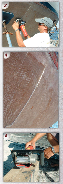 The team removed additional layers of fiberglass to see how deep the osmosis had progressed (PHOTO 3). Each successive cut went deeper into the hull and revealed lower moisture levels and better “color” until uncompromised laminate was reached. They removed six layers (including the first layer of mat) before finally reaching good sound laminate on which to rebuild (PHOTO 4). All this was accomplished in just two days using a commercially available gelcoat planer (PHOTO 5).