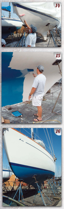 Using just four layers of state-of-the-art biaxial cloth, the crew achieved a laminate thickness equal to that of the original six layers and better tensile strength. Once the laminate was completed and faired, a barrier coating was applied for additional protection against future water ingress (PHOTO 14). After a final sanding, it was time at last for the bottom paint (PHOTO 15). After just a few days of hard work, the osmosis repair was complete and the bottom was as good as new. The boat was once again ready for the water (PHOTO 16).