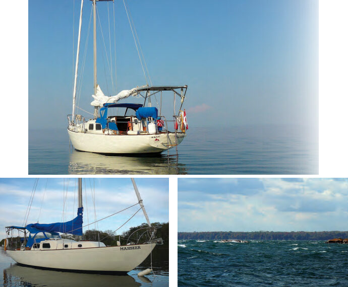 Mahseer and her reflection speak to calmer times, on facing page. The claw anchor that Burton regretted putting his faith in that night is visible on Mahseer’s bow, at left. Even in the relatively sheltered Middle Channel, the westerly wind had enough fetch to kick up a rough sea, at right.