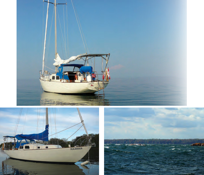 Mahseer and her reflection speak to calmer times, on facing page. The claw anchor that Burton regretted putting his faith in that night is visible on Mahseer’s bow, at left. Even in the relatively sheltered Middle Channel, the westerly wind had enough fetch to kick up a rough sea, at right.