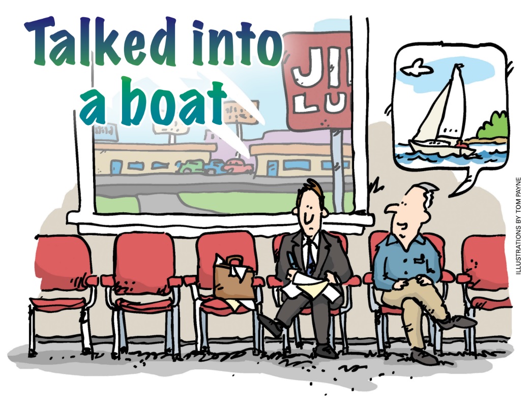illustration of two men talking in a waiting room
