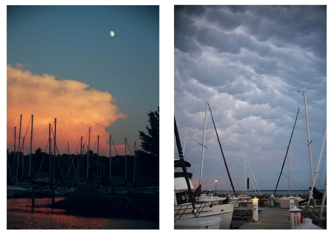 Thunderstorms occur when large cumulonimbus clouds form, at left. The underside of the cloud where rain isn’t falling often looks very wild and woolly, at right, and can produce lightning.