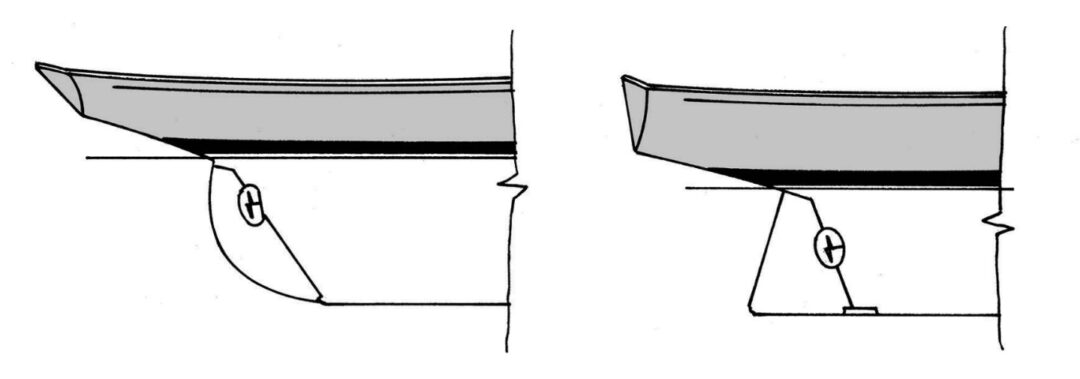 Full keel with rudder before WWII, at left. Full keel with rudder after WWII, at right.