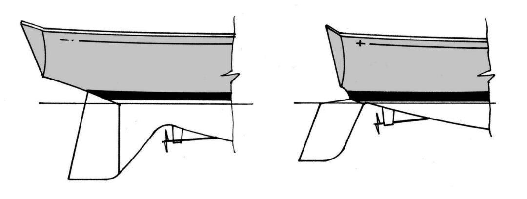 Rudder with full-height skeg, at left. Original low-aspect-ratio C&C cantilevered spade rudder, at right.