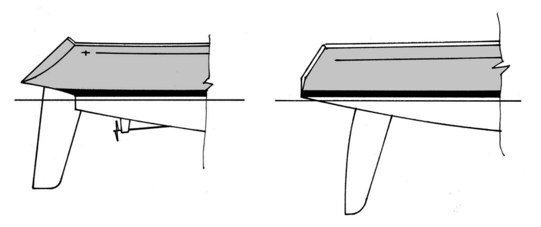 Later high-aspect-ratio C&C cantilevered spade rudder, at left. Modern “elliptical” all-movable cantilevered spade rudder, at right.