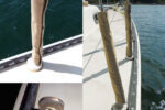 The Sunbrella turnbuckle cover hides some of Art’s chainplate mod, upper photo on facing page. His technique for thwarting leaks was to wrap the chainplate with heat-shrink tubing and fill a PVC-pipe dam with sealant, lower photo. His chainplates, at right are high — and dry.