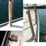 The Sunbrella turnbuckle cover hides some of Art’s chainplate mod, upper photo on facing page. His technique for thwarting leaks was to wrap the chainplate with heat-shrink tubing and fill a PVC-pipe dam with sealant, lower photo. His chainplates, at right are high — and dry.
