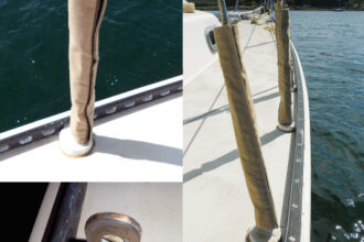 The Sunbrella turnbuckle cover hides some of Art’s chainplate mod, upper photo on facing page. His technique for thwarting leaks was to wrap the chainplate with heat-shrink tubing and fill a PVC-pipe dam with sealant, lower photo. His chainplates, at right are high — and dry.