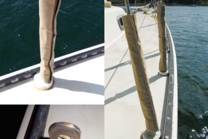 The Sunbrella turnbuckle cover hides some of Art’s chainplate mod, upper photo on facing page. His technique for thwarting leaks was to wrap the chainplate with heat-shrink tubing and fill a PVC-pipe dam with sealant, lower photo. His chainplates, at right are high — and dry.