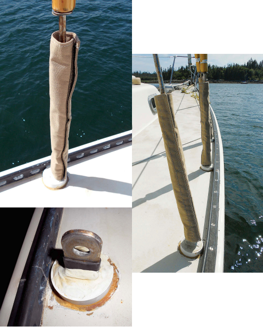 The Sunbrella turnbuckle cover hides some of Art’s chainplate mod, upper photo on facing page. His technique for thwarting leaks was to wrap the chainplate with heat-shrink tubing and fill a PVC-pipe dam with sealant, lower photo. His chainplates, at right are high — and dry.