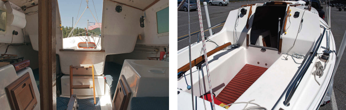 Quarter berths are fitted either side of the cockpit with a stowage bin between them behind the companionway steps, at left. The overhead is unfinished in some areas, so some light enters through the translucent fiberglass. Although smallish, the cockpit is secure, at right, the backrests are a comfortable height, and a tall companionway sill limits the chance of downflooding.