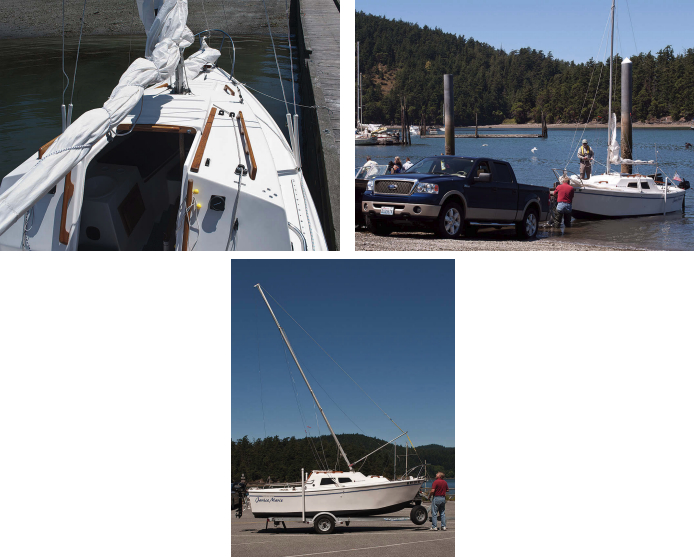 The deck has much of the hardware and many of the features of a larger boat, at left. As the Potter 19 draws just 6 inches with the keel up, no trailer tongue extension is needed when launching it, at right. Using the boom as a fulcrum, Wayne easily raises the mast by himself, below, and he says the mast is light enough he doesn’t need to use the sidestays to keep the spar straight while he does so.