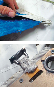 UV light from the sun is an unrelenting cause of sail damage, degrading everything from stitching, upper image, to the webbing seizings on sail slides, above.