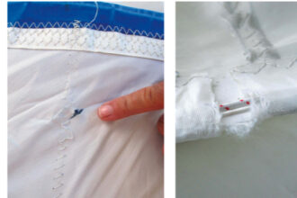 Sailcovers are intended to protect sails from the ultraviolet light in sunshine. This one, top of page, is not being allowed to do its job. Sails suffer physical damage from many causes, above left, center, and upper right. If not repaired promptly it only gets worse, above right.