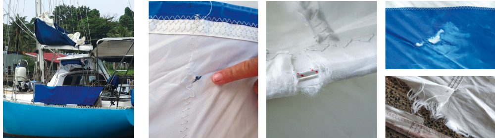 Sailcovers are intended to protect sails from the ultraviolet light in sunshine. This one, top of page, is not being allowed to do its job. Sails suffer physical damage from many causes, above left, center, and upper right. If not repaired promptly it only gets worse, above right.