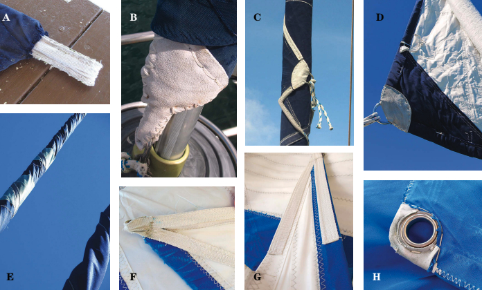 A. Layered webbing protects primary load-bearing webbing from UV exposure. B. Covering layered webbing with leather can further protect it from chafe and UV exposure. C. Jib clews take a beating, but leather over the clew webbing and along the adjacent tack and foot offer protection from UV and sheet chafe. D. Shade cloth on the inside of a sail corner further protects the webbing against damaging radiation “leaking” around the edges. E. Patches of extra fabric protect a Sunbrella sun cover from chafe against the spreader and the radome. F. Chafe and UV radiation weaken sail corners. G. In the absence of a protective cover of shade cloth, UV radiation will damage Dacron sailcloth on the inside of the hoist of a roller-furling sail. H. An unreinforced pressed-in clew ring shows deterioration from chafe.