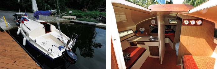 The cockpit on the Matilda 20 is spacious and uncluttered, at left. The trunk for the lifting keel dictates the layout somewhat, including the offset companionway. For a small boat, the Matilda has a roomy interior, at right, achieved by pushing the cabin sides out to the hull.