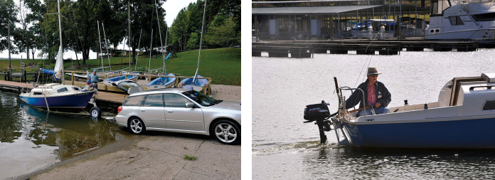 The Matilda 20 can be towed by a mid-size passenger vehicle, at left, and, since the boat draws just 9 inches, a tongue extension is not needed when launching. When Brooks wants to make tight maneuvers under power, he steers with both the tiller and the outboard motor, at right.
