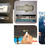 Using a 3⁄8-inch tap, at top, Greg threaded the inside of the engine through-hull to accept a nylon barb fitting, upper middle. After inserting the barb, lower middle, he connects a hose from it to the antifreeze bottle, above.
