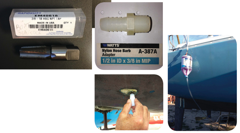 Using a 3⁄8-inch tap, at top, Greg threaded the inside of the engine through-hull to accept a nylon barb fitting, upper middle. After inserting the barb, lower middle, he connects a hose from it to the antifreeze bottle, above.