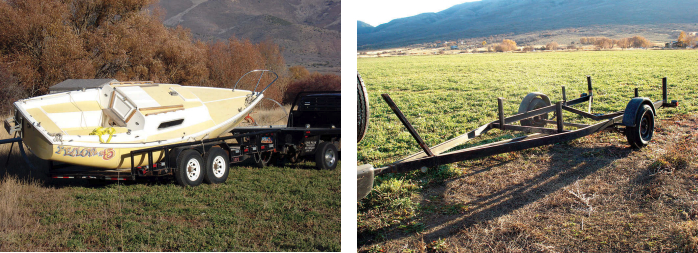 Fortuitously, the little yellow sailboat chose a spot to slide off its trailer and into the desert where Nick and Sue were able to rescue her with their hay trailer and other farm equipment, at left. The trailer was in much worse shape than the boat, but that, too, was restorable, at right.