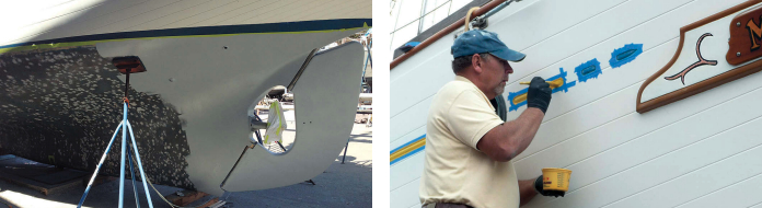As the drill and fill work progressed, Dale was able to begin applying the first layer of barrier coat, at left. While Moonshadow was out of the water, he took the opportunity to improve her looks by painting the cove stripe to match the lettering on the name boards, at right.