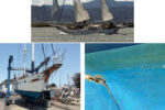 Moonshadow, a Bill Garden-designed Husdon Force 50, cuts an impressive figure under sail, at top of page. At 30 tons, she was close to the limit on the boatyard’s 35-ton travel lift, at left. After a pressure wash, a close inspection of her hull revealed extensive blistering. Although the surveyor considered it largely a cosmetic problem, Dale chose to treat the blisters to prevent them from getting worse over time.