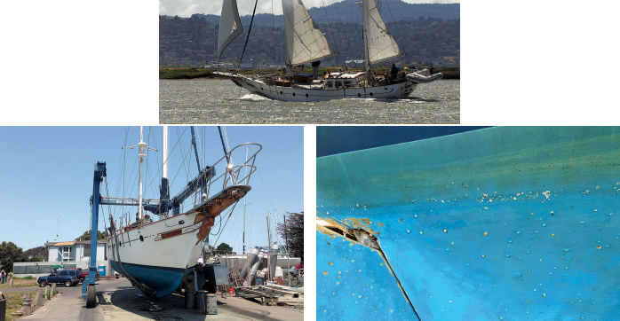 Moonshadow, a Bill Garden-designed Husdon Force 50, cuts an impressive figure under sail, at top of page. At 30 tons, she was close to the limit on the boatyard’s 35-ton travel lift, at left. After a pressure wash, a close inspection of her hull revealed extensive blistering. Although the surveyor considered it largely a cosmetic problem, Dale chose to treat the blisters to prevent them from getting worse over time.