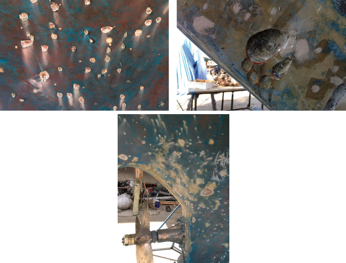 After the blisters had been ground out with the Dremel tool, at left, most areas of the hull did not look pretty. A large blister in the bow turned out to not be a blister at all but water in the keel from a leaking bobstay chainplate, at right. No area of the hull was spared, below.