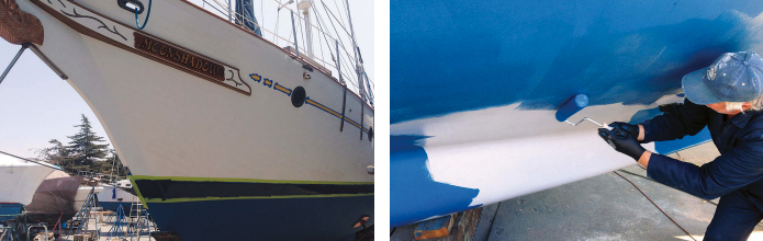 Several thin coats of Epifanes one-part Topside Enamel created a smooth finish on the boot stripe, at left. To achieve a chemical bond, the first coat of bottom paint must be applied over a green barrier coat, so Dale and his friend Ray coated the entire hull twice in one day, at right.