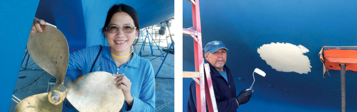 Wendy and her sister polished the propeller to receive the LanoCote, at left. Dale finished up after moving the jack stands, at right.