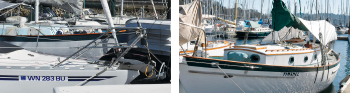 When cruising a marina and a boat catches your eye, you can learn a lot about it if it is documented. Numbers on the bow indicate a state registration, at left, and you might not be able to access the database. A documented vessel, at right, can be found by searching federal websites.