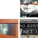 Del Viento, a U.S. documented vessel, upper right, has her official number secured to the interior structure, at right. A similar requirement applies to a Canadian vessel, at left.