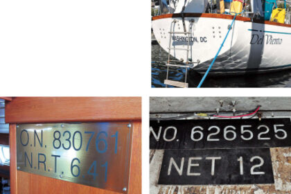 Del Viento, a U.S. documented vessel, upper right, has her official number secured to the interior structure, at right. A similar requirement applies to a Canadian vessel, at left.