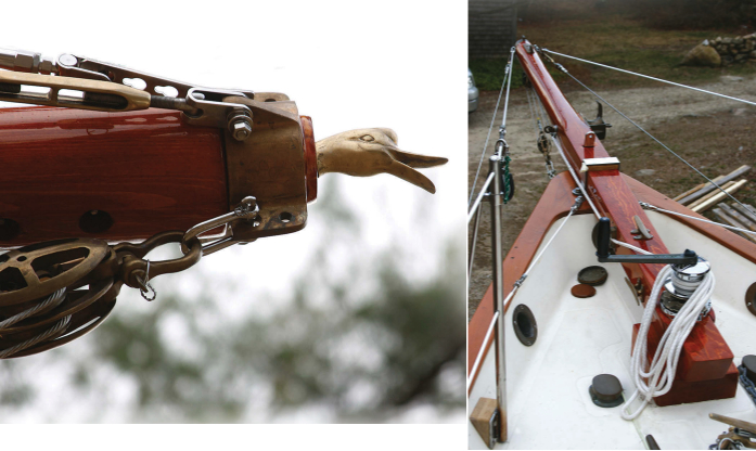Michael had a surreal experience sailing amid a flight of mallards, and his bronze garden duck made the supreme sacrifice in honor of his feathered brethren, at left. Michael removed the original stainless-steel bow pulpit, below, and added two new stanchions that lead the lifelines to the tip of the sprit. A manual windlass keeps it all simple.