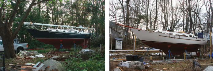 Michael brought Saudades home, at left, where she lived in a 40- x 16-foot shed awaiting a partial refit. He later changed the badly chalked flag-blue hull to white gelcoat to keep it from fading. After the shed was taken down Saudades emerged looking like a new boat, at right.